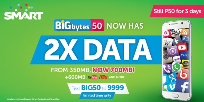 Smart Big Bytes 50 now offers 700MB Data allocation + 600MB for Iflix, Youtube and more