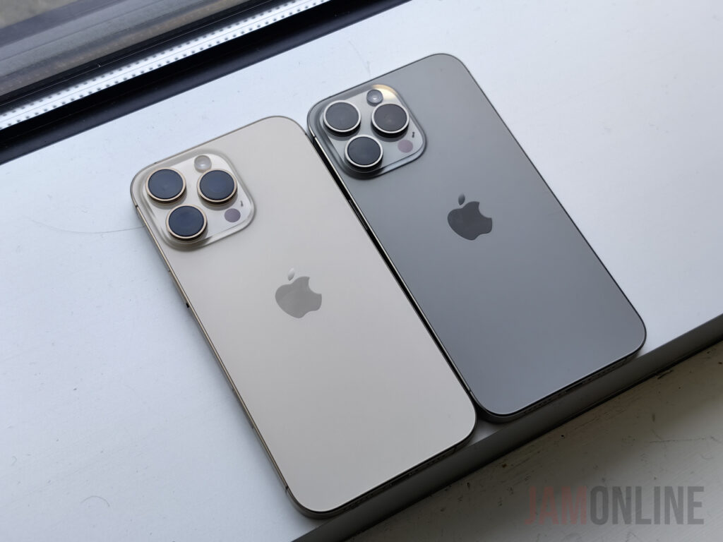 iPhone 16 Pro Max in Desert Titanium and iPhone 15 Pro Max in Natural Titanium