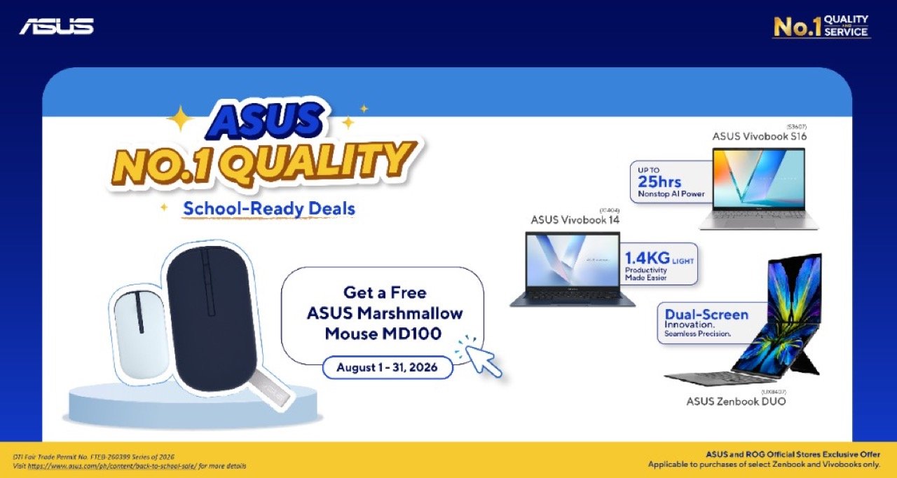 ASUS Free Marshmallow Mouse MD100 promo banner featuring Zenbook DUO and Vivobook S16