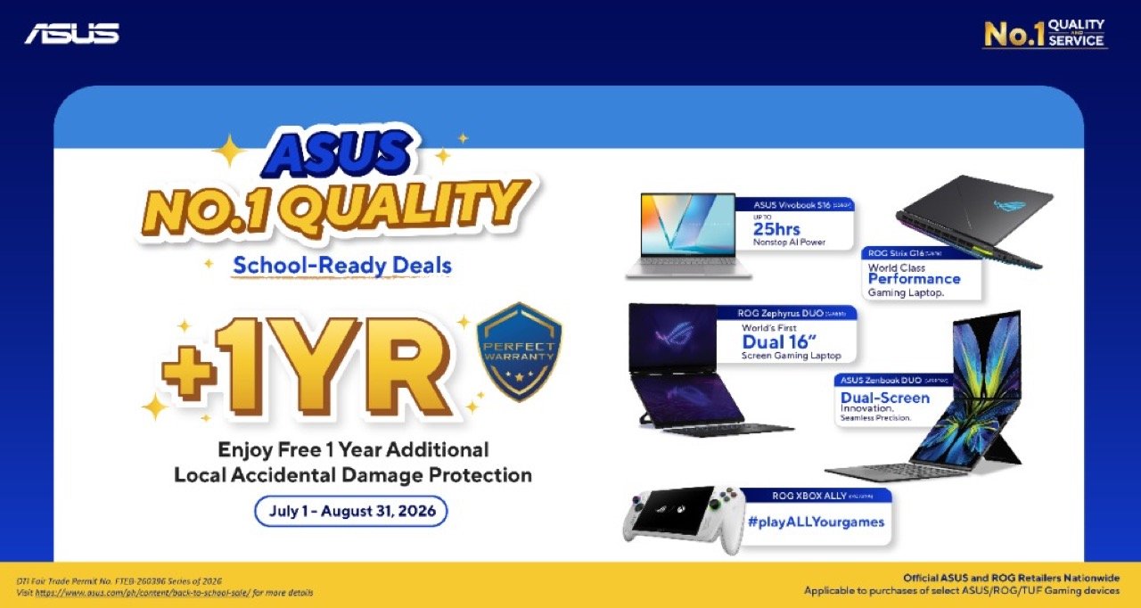 ASUS Free 1-Year Local Accidental Damage Protection promo banner featuring Zenbook and ROG laptops