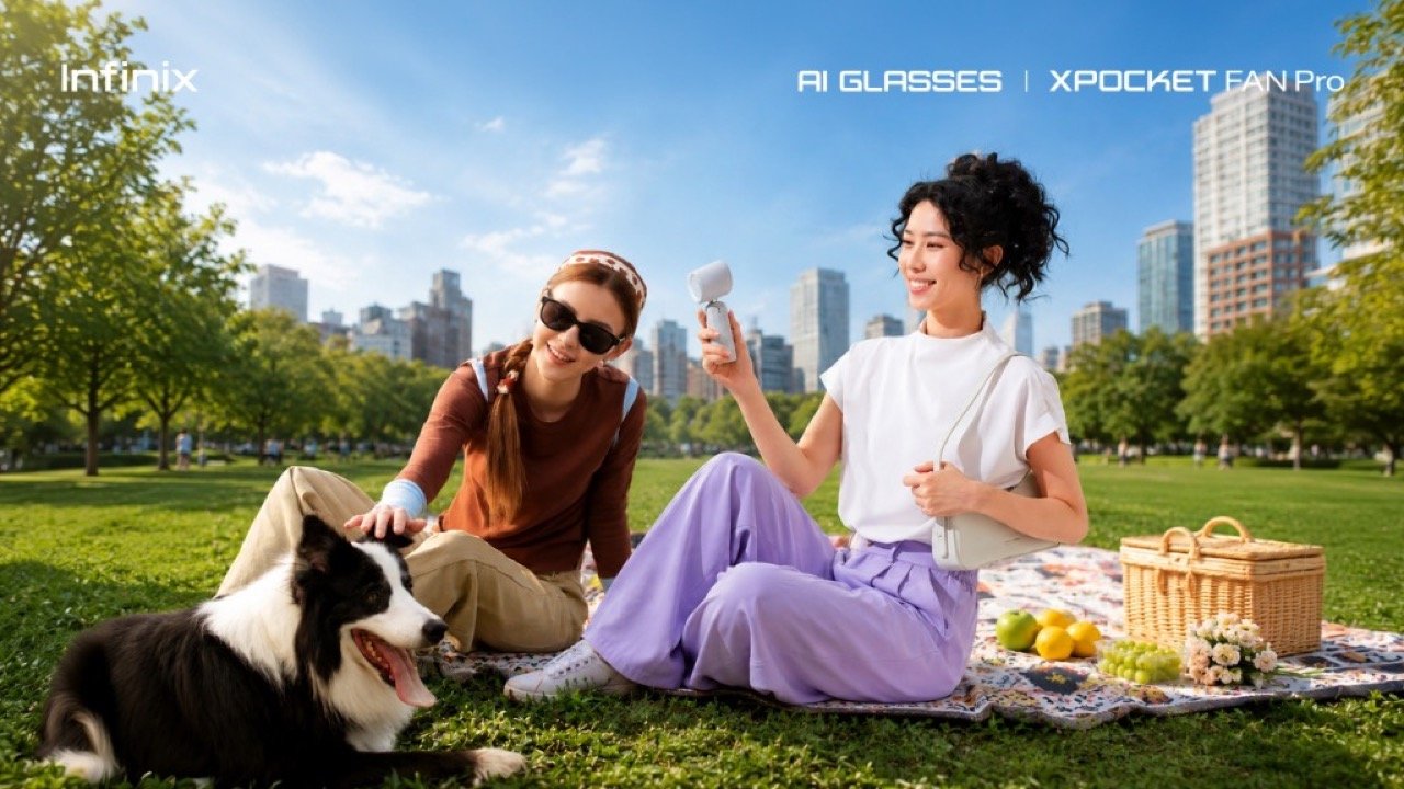 Infinix AI Glasses and XPOCKET Fan Pro lifestyle picnic scene