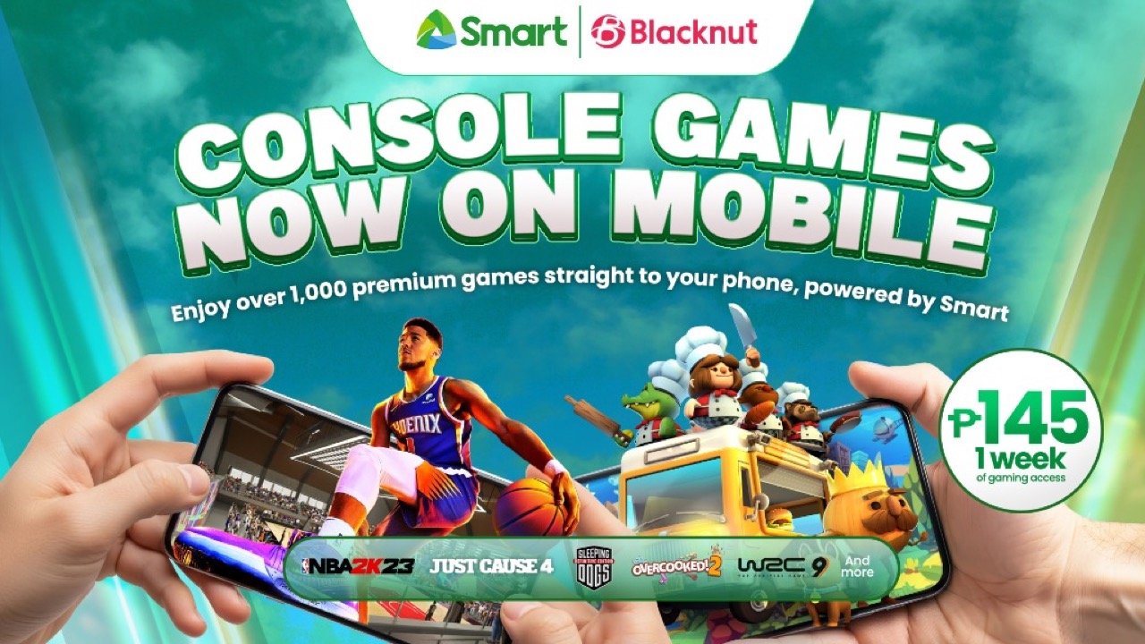 Smart Communications and Blacknut Cloud Gaming partnership banner featuring NBA 2K23 and Overcooked 2