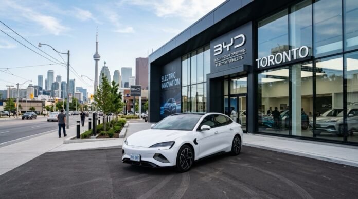 BYD electric vehicle driving on Canadian road representing North American EV manufacturing supply chain growth