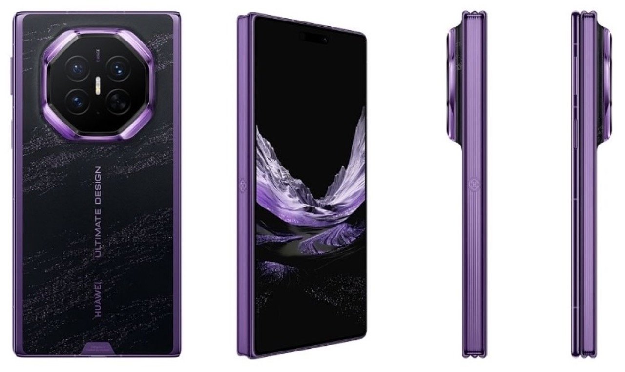 Close-up look at the HUAWEI Mate XT 2 octagonal camera module and textured leather backplate