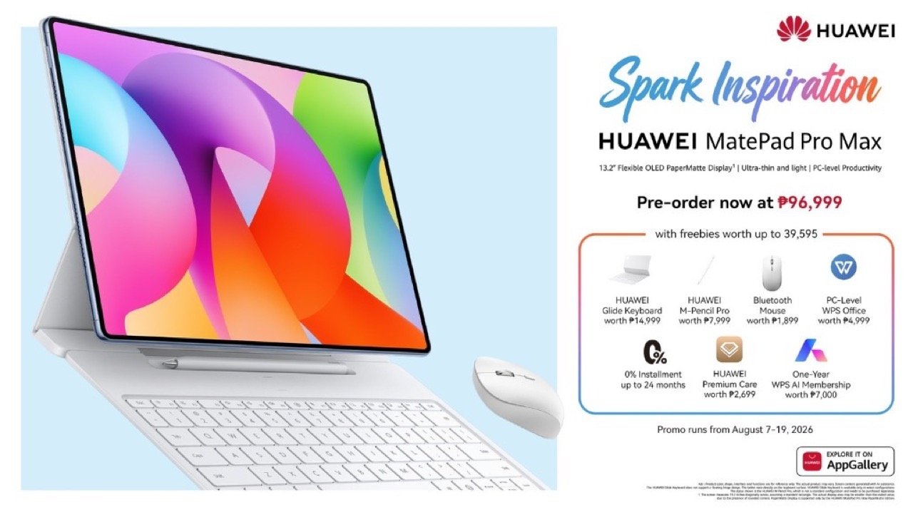 HUAWEI MatePad Pro Max Spark Inspiration promo poster showcasing PHP 39595 worth of freebies