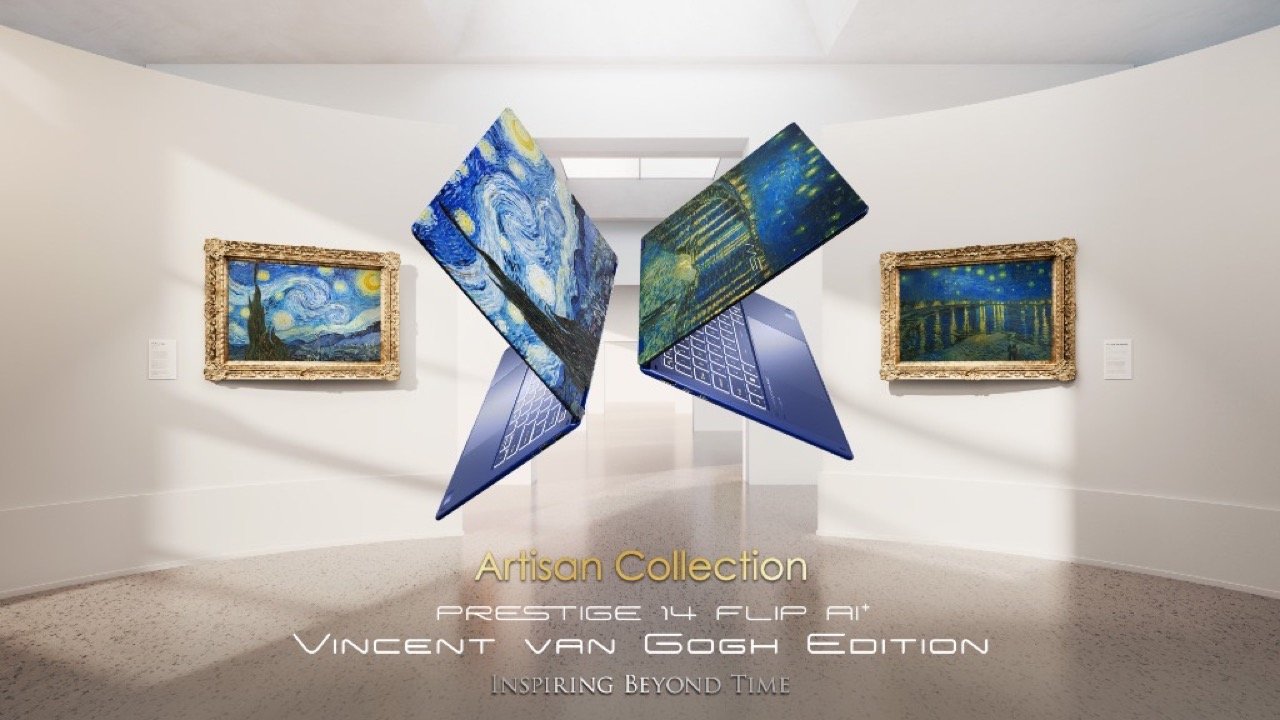 MSI Prestige 14 Flip AI+ Vincent van Gogh Edition 2-in-1 laptop gallery banner featuring artistic lid designs