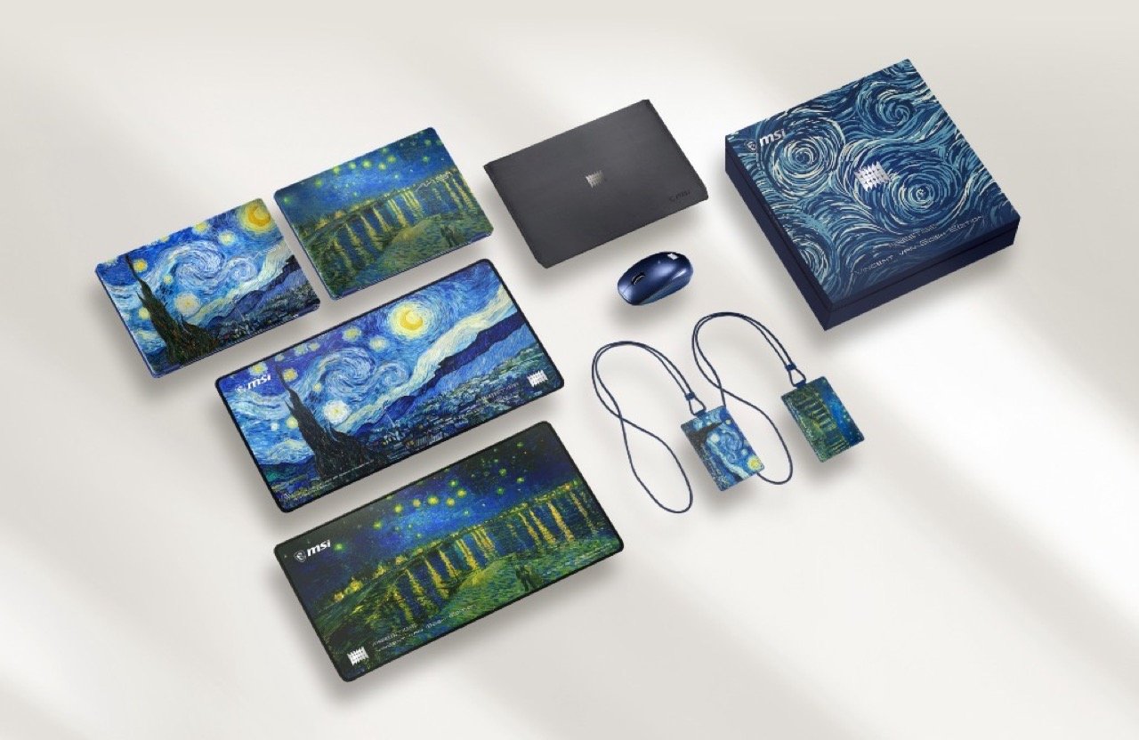 Exclusive MSI Prestige 14 Flip AI+ Vincent van Gogh Edition bundle accessories including mouse pads, sleeve bag, and custom packaging