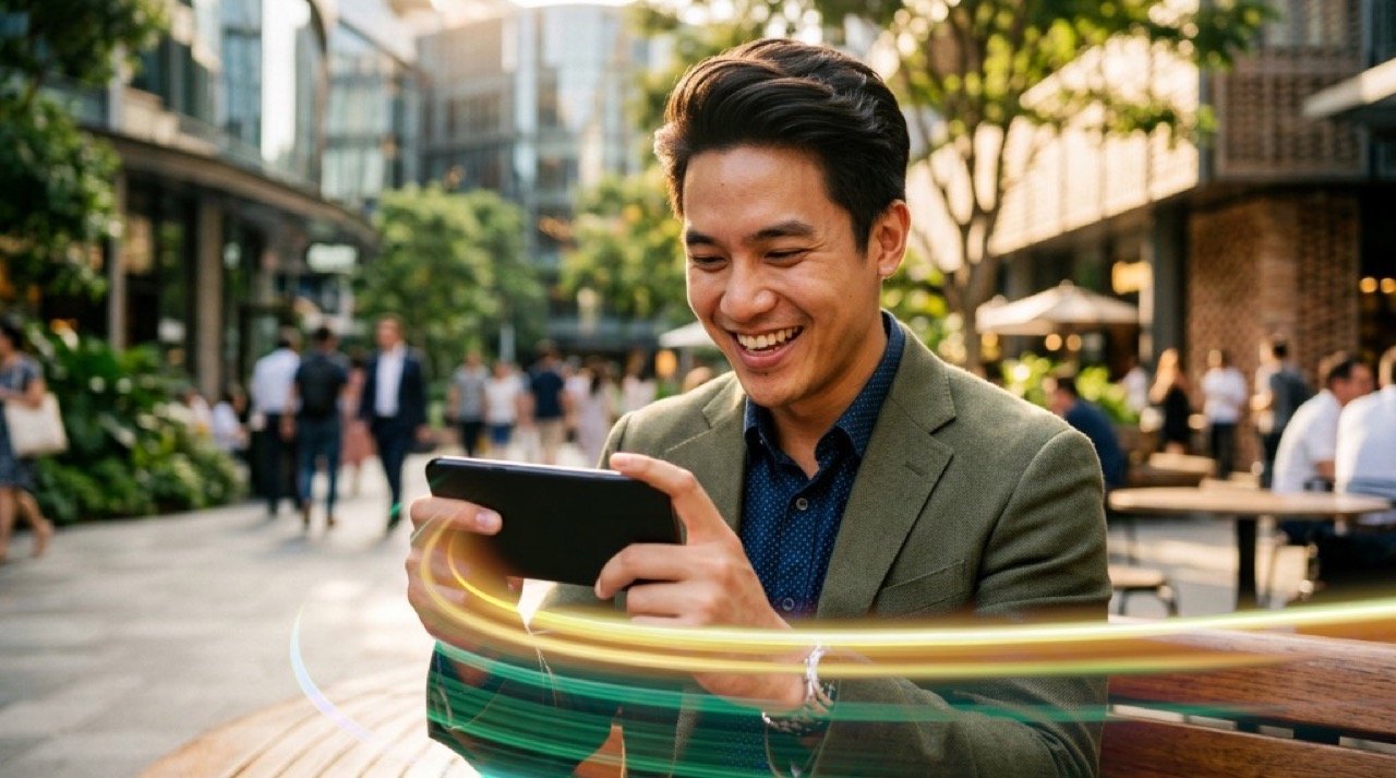 Filipino professional enjoying smooth video streaming on a smartphone in a bustling city environment