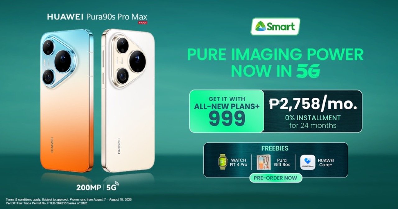 Smart Postpaid HUAWEI Pura 90s Pro Max promo banner featuring 200MP telephoto camera and Plan 999 pricing