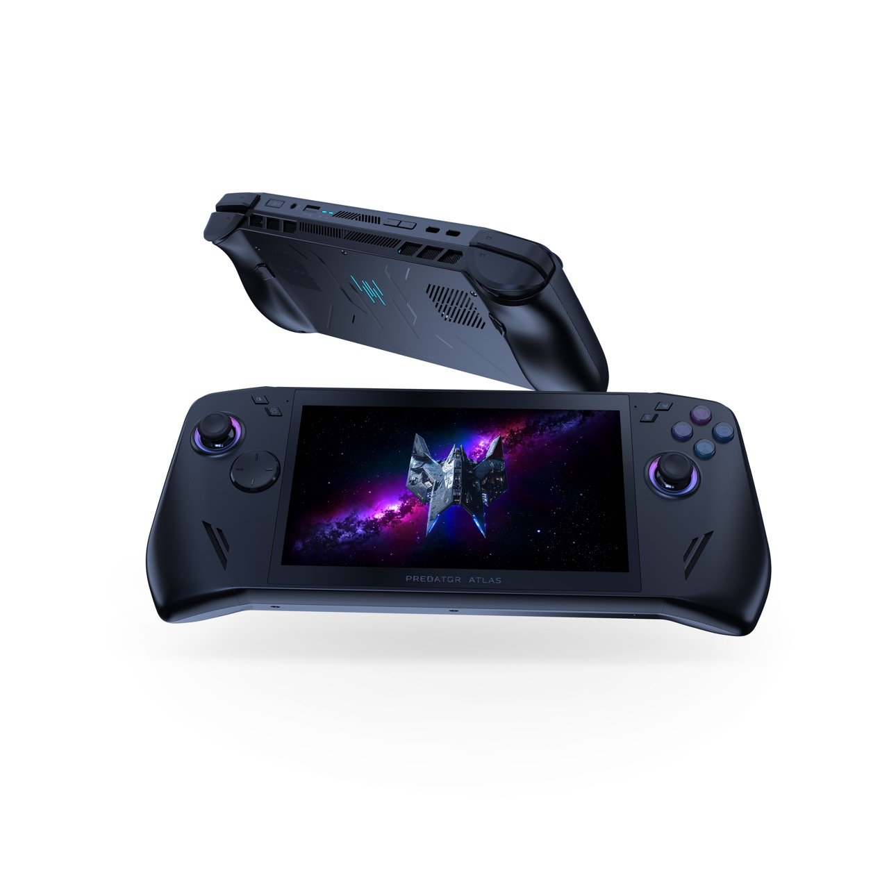 Acer Predator Atlas 7 front view showcasing 7-inch 120 Hz display and full-size joysticks