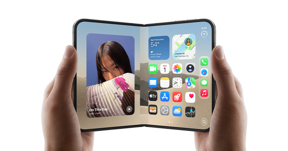 Apple iPhone Duo foldable smartphone opened in hands showing inner 7.58-inch display