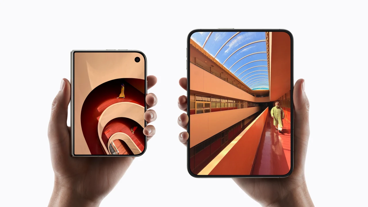 Apple iPhone Duo folded and unfolded displaying 5.4-inch outer and 7.6-inch inner Super Retina XDR screens