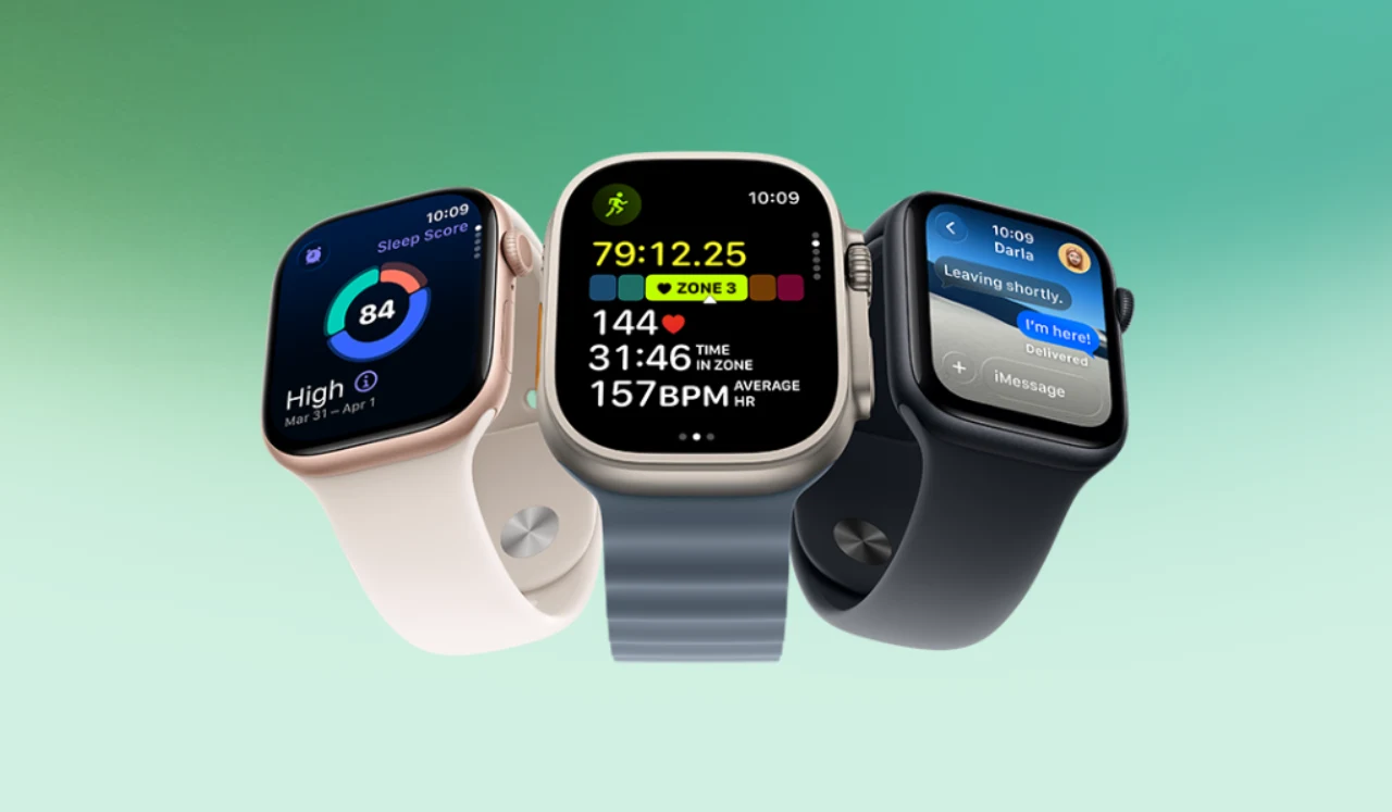 Apple Watch SE 3, Series 11, and Ultra 3 smartwatches showing health tracking and iMessage
