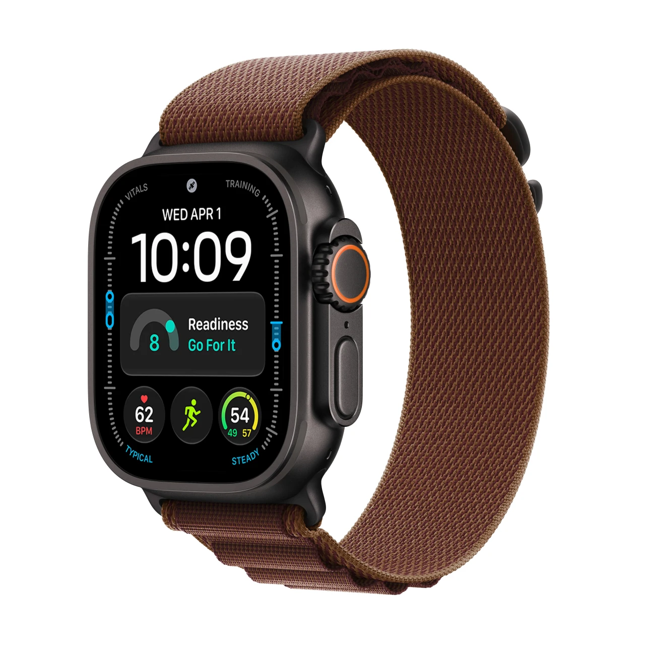 Apple Watch Ultra 4 in black titanium with burgundy Alpine Loop band