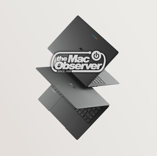 ASUS Googlebook laptop rendered with dark grey finish and centered circular app dock