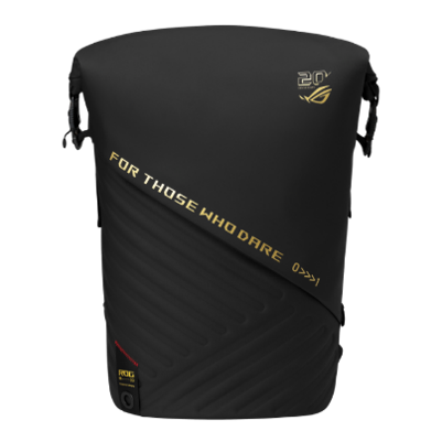 ASUS ROG Slash Backpack Edition 20 in black and translucent gold with FIDLOCK buckle
