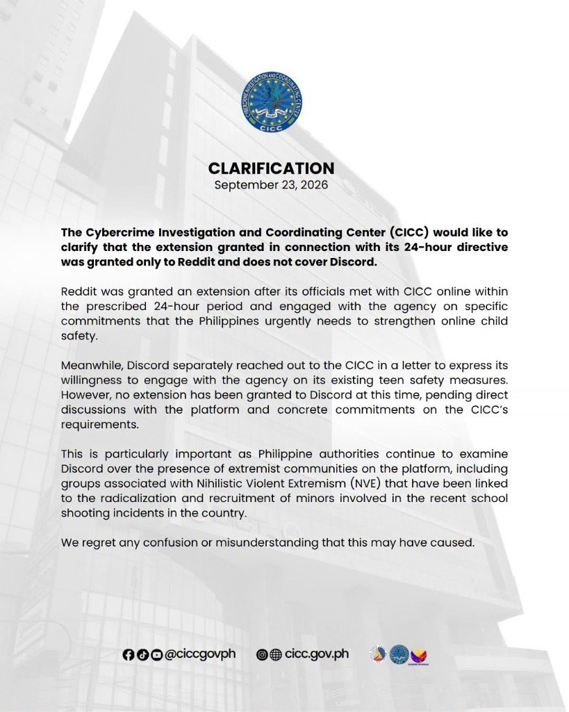 Official advisory document issued by the CICC clarifying 24-hour directive extension for Reddit and Discord