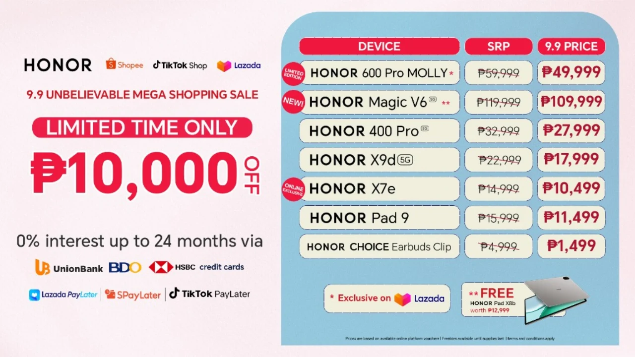 HONOR 9.9 shopping sale price discount table featuring HONOR 600 Pro MOLLY Edition on Lazada