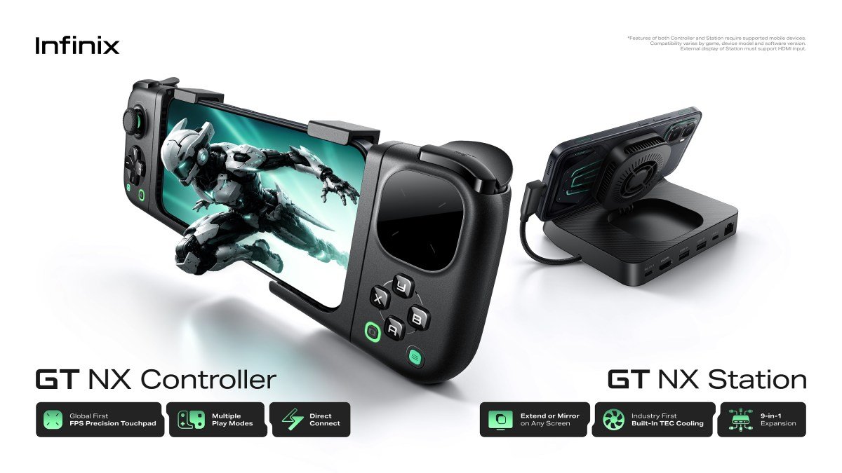 Infinix GT NX Controller and GT NX Station dock shown with smartphone docked