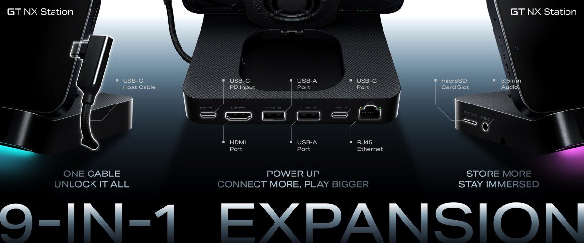 Infinix GT NX Station 9-in-1 expansion dock diagram highlighting ports and TEC cooling