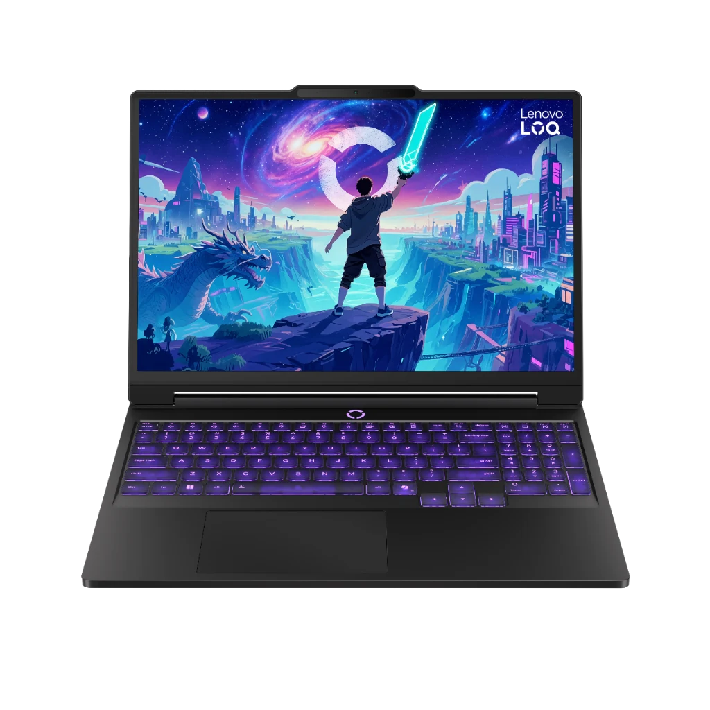 Lenovo LOQ Essential 15 gaming laptop front view with 165Hz display and purple backlit keyboard