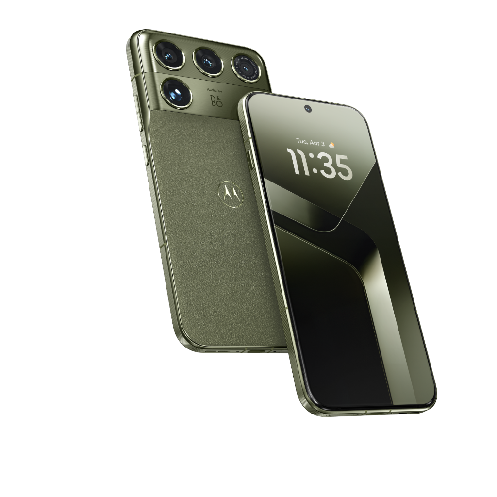 Motorola Signature 27 in Capulet Green displaying front OLED screen and rear quad-camera visor