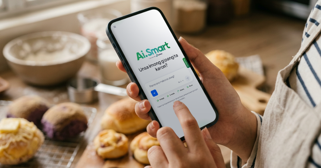 Smart Communications AI.Smart mobile browser interface on smartphone in hand