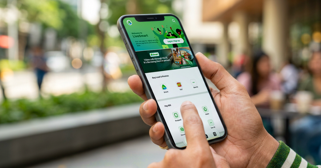 User hands navigating the LiveSmart App interface on a smartphone