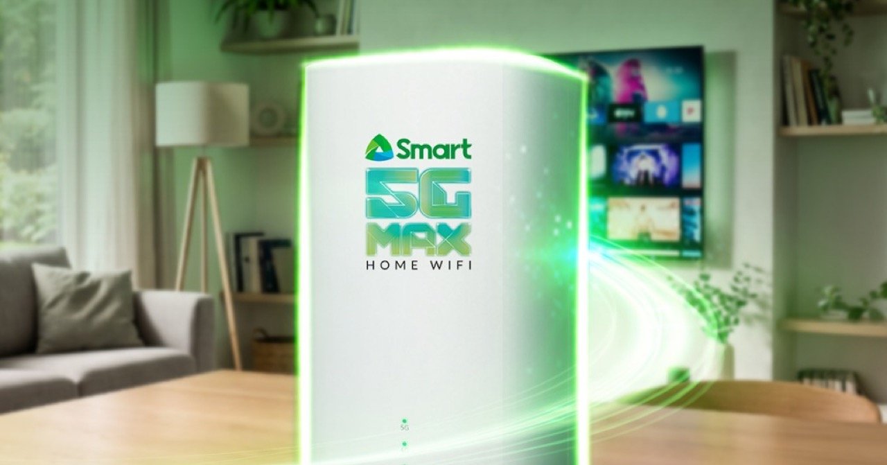 Smart 5G Max Home WiFi router glowing on a living room table with connected smart TV in the background