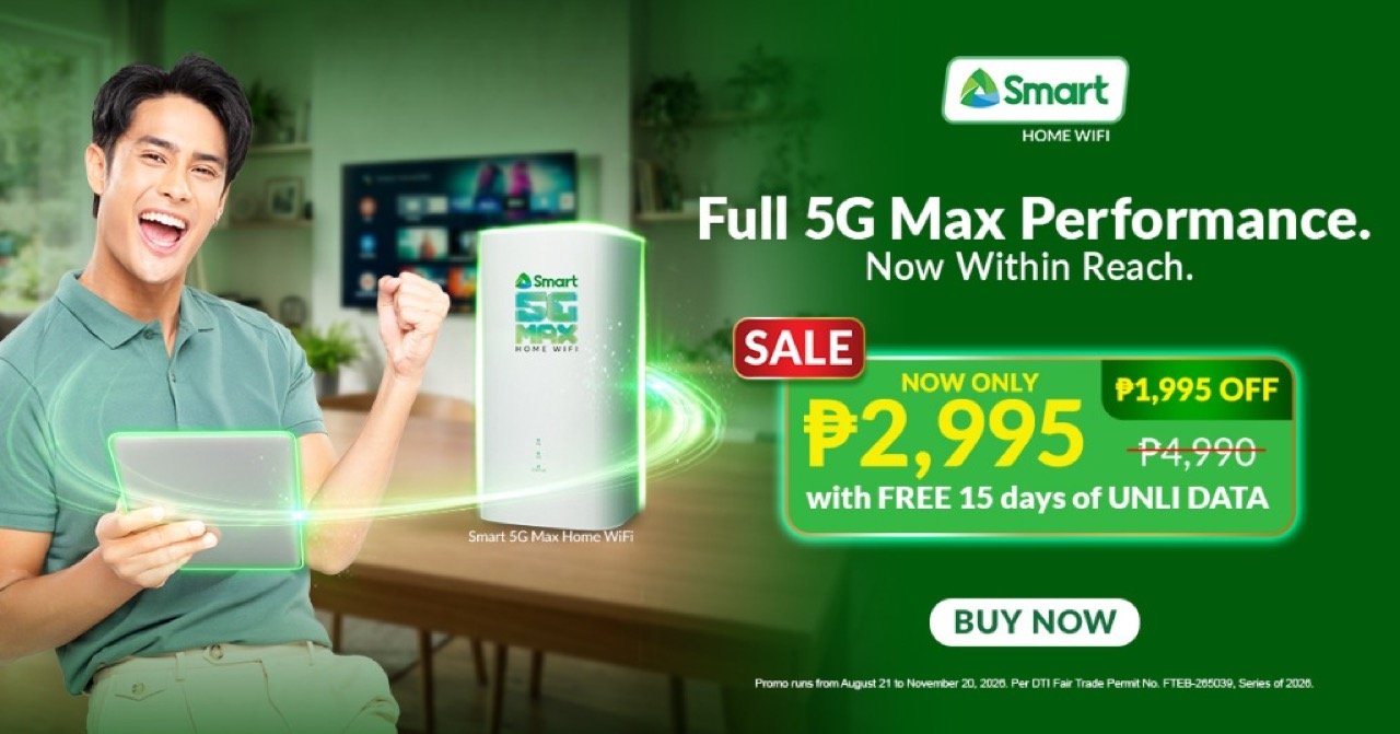 Smart 5G Max Home WiFi 40 percent discount promo banner showing Php 2,995 price point and free 15 days unli data