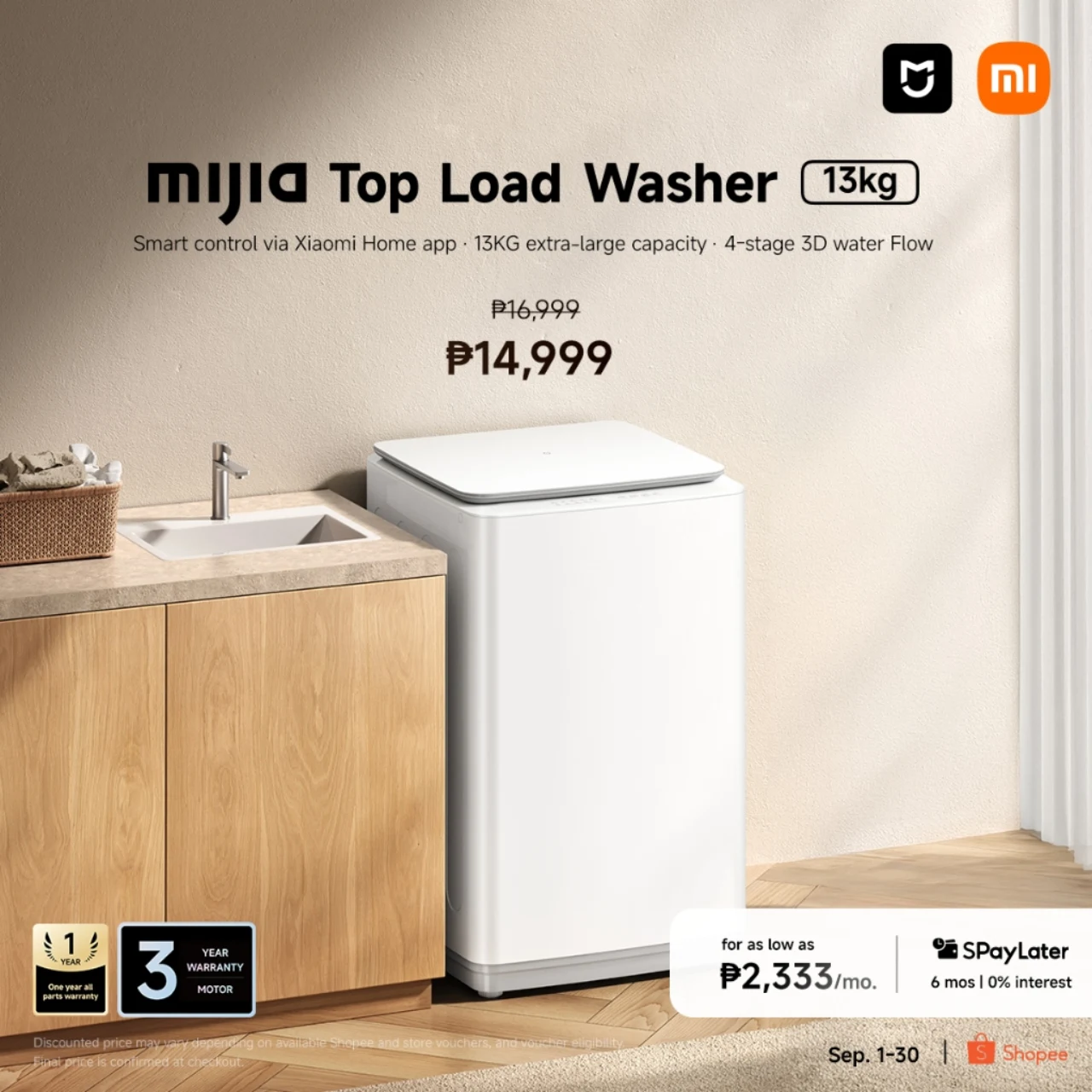 Xiaomi Mijia Top Load Washer 13KG with 4-stage 3D water flow and Tide Mite-Removal Wash
