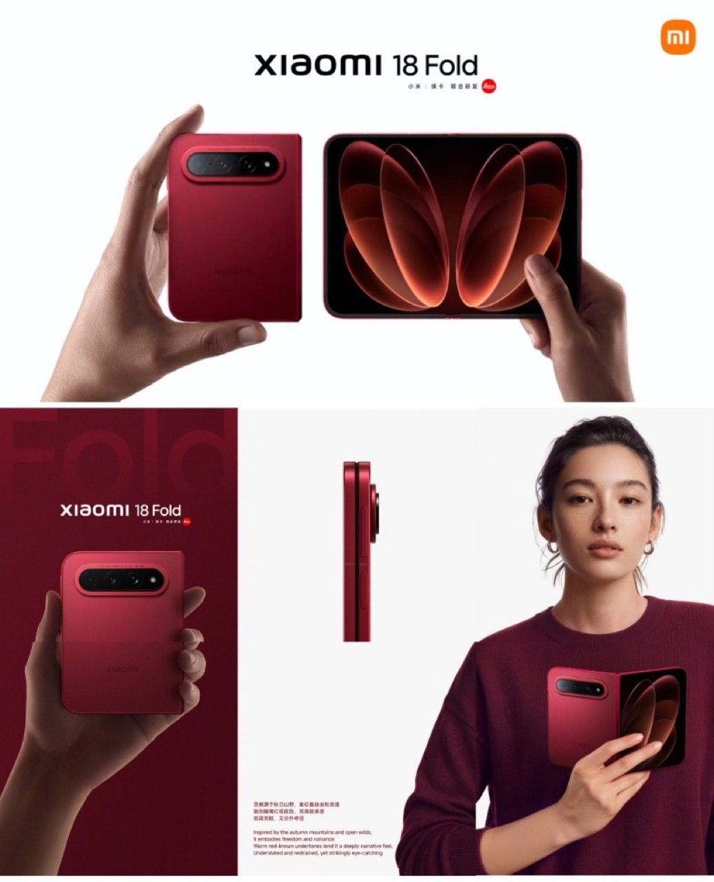 Xiaomi 18 Fold official lifestyle poster and profile shots in Nishino Red finish