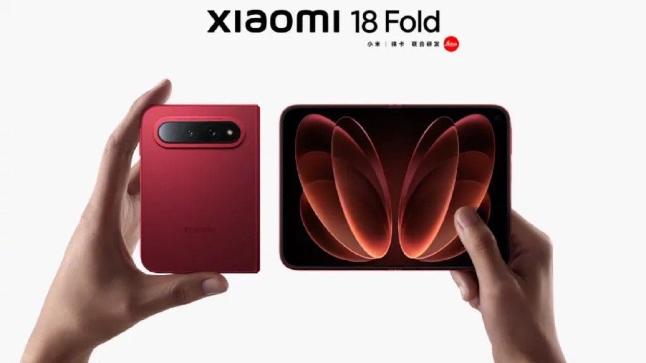 Xiaomi 18 Fold official key visual banner in Nishino Red showing both folded and unfolded form factors