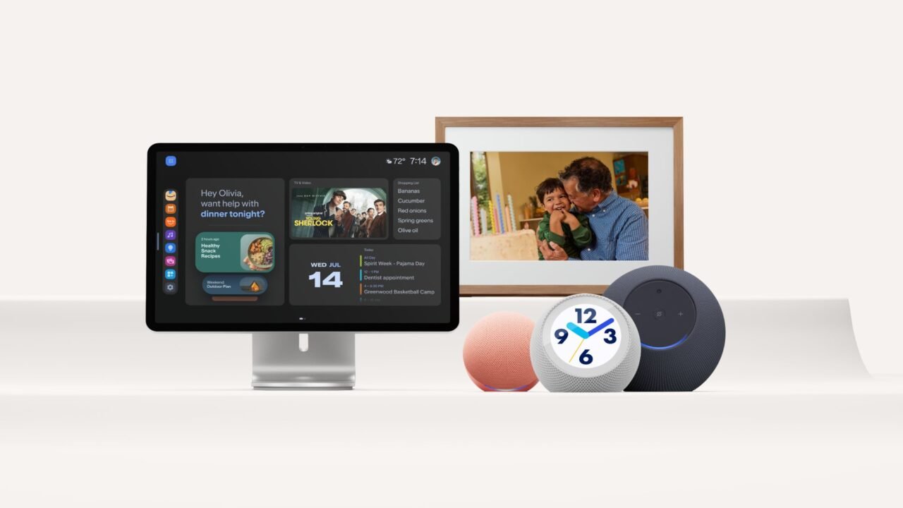 Amazon 2026 Alexa devices lineup including Echo Show 16, Echo Studio, Echo Dot, Echo Time, and Alexa Photo Frame