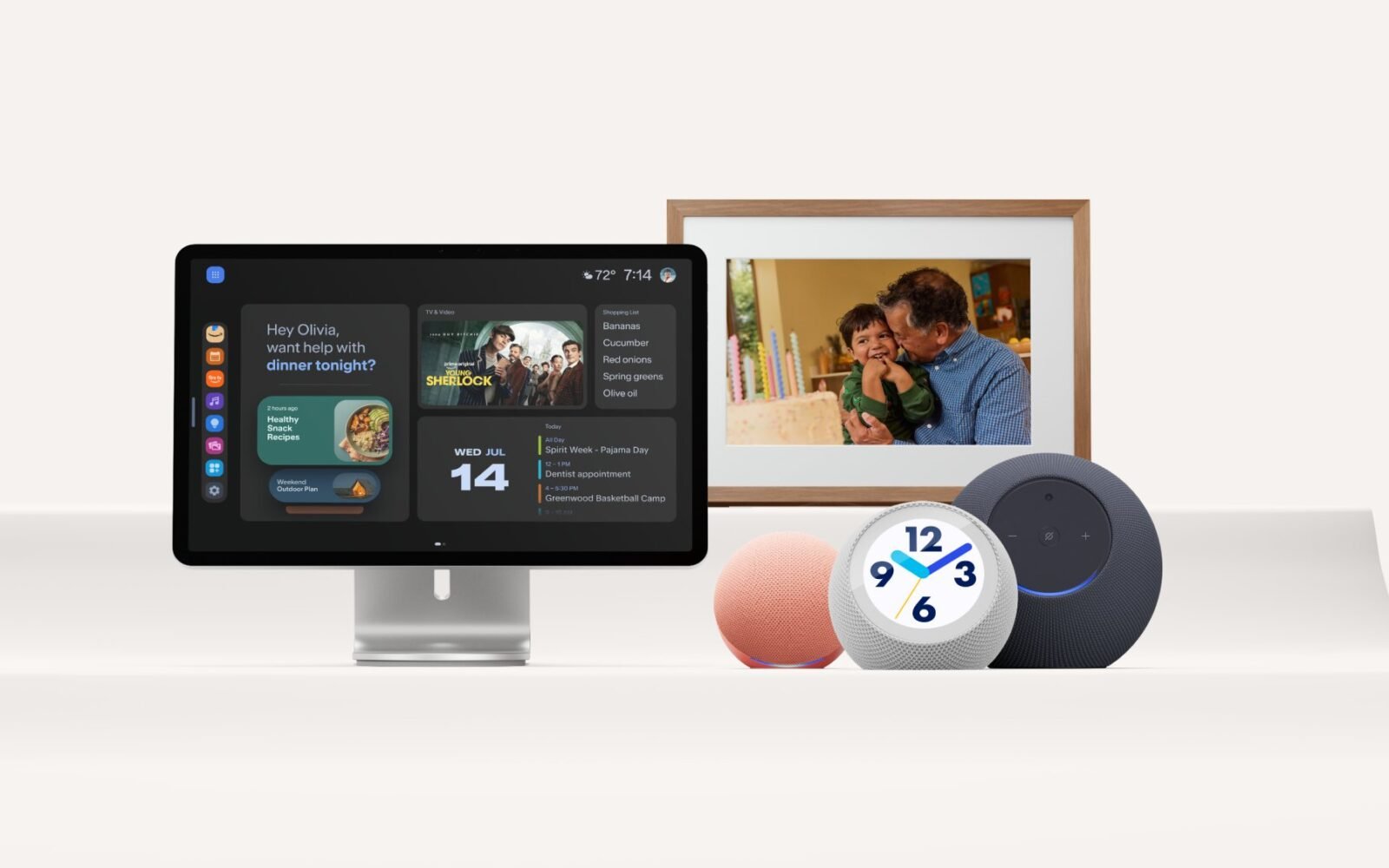 Amazon 2026 Alexa devices lineup including Echo Show 16, Echo Studio, Echo Dot, Echo Time, and Alexa Photo Frame