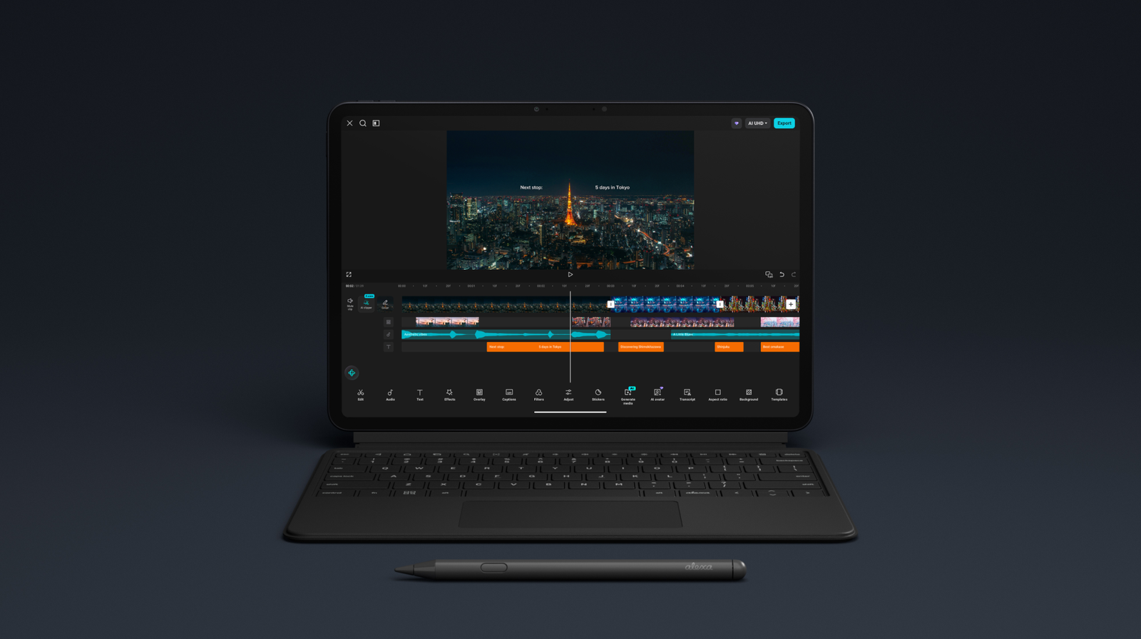 Amazon Alexa Tablet 12 Pro shown with magnetic keyboard and active pen workstation