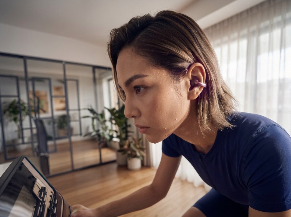 Woman exercising and sweating while wearing Anker soundcore AeroClip 2 earbuds