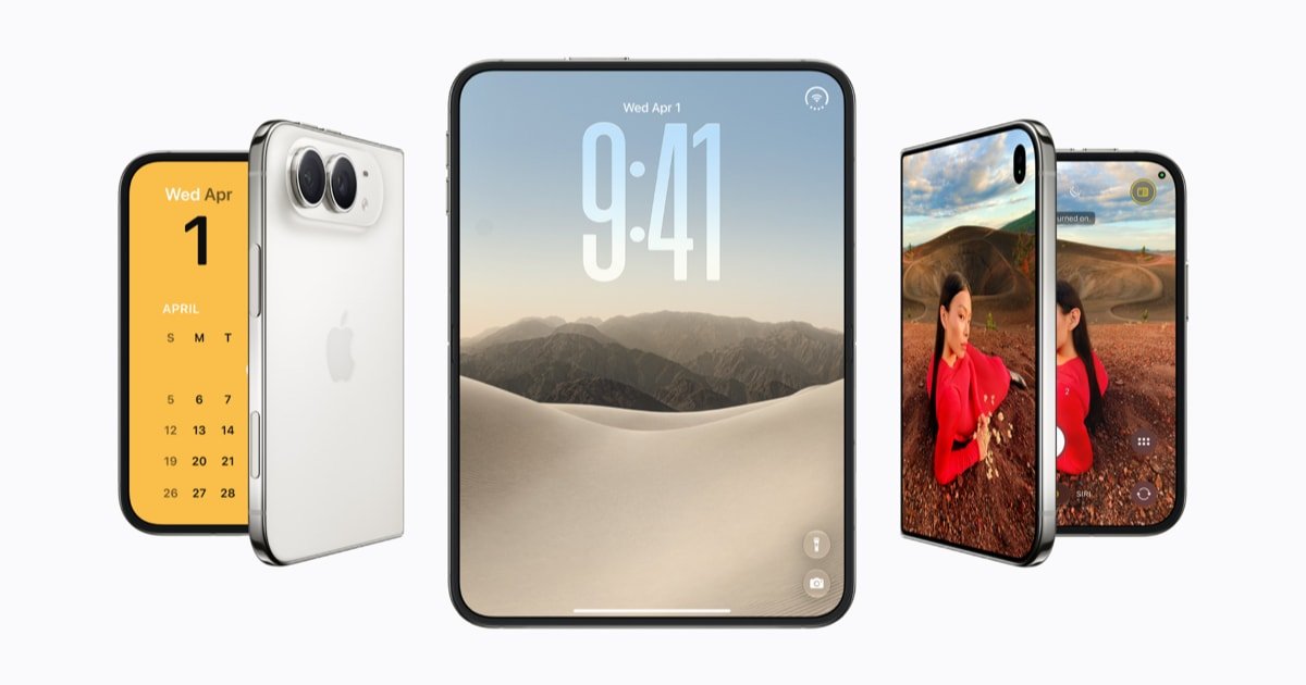 Apple iPhone Duo foldable smartphone opened showing large inner display and closed outer display