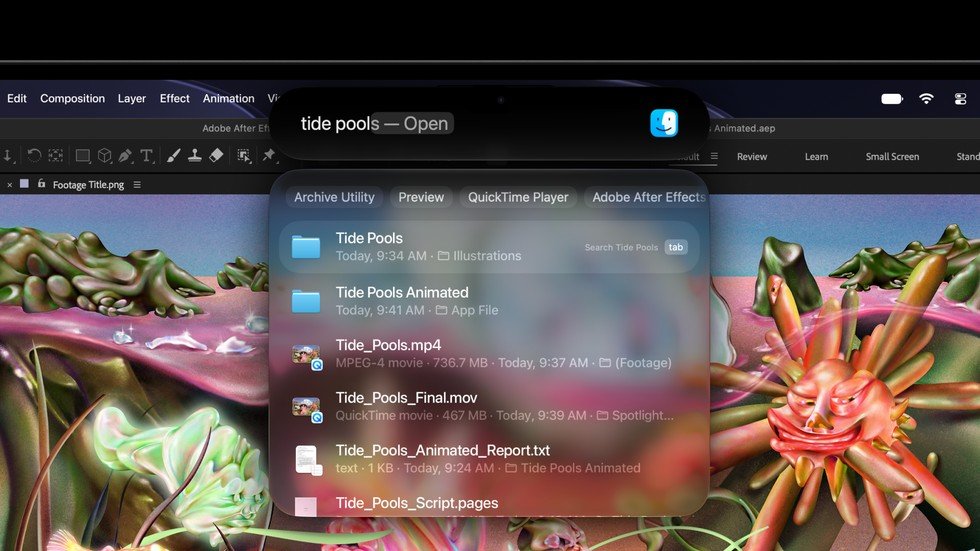 Dynamic Island on MacBook Pro showing Spotlight search and Siri AI