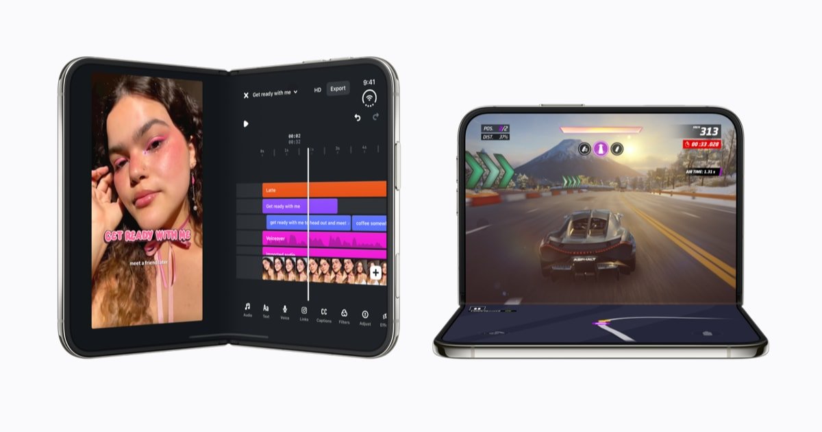 Apple iPhone Duo foldable smartphone displaying optimized third-party apps