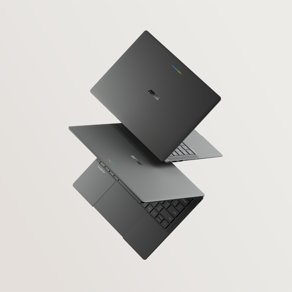 ASUS Googlebook 14 dual angles showing lightweight magnesium aluminum chassis and keyboard deck