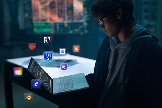 Creator using ASUS ProArt RTX Spark laptop running local AI tools and creative workflows