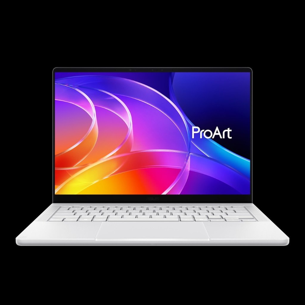 ASUS ProArt P14 creator laptop in Neo White showing Lumina Pro OLED display