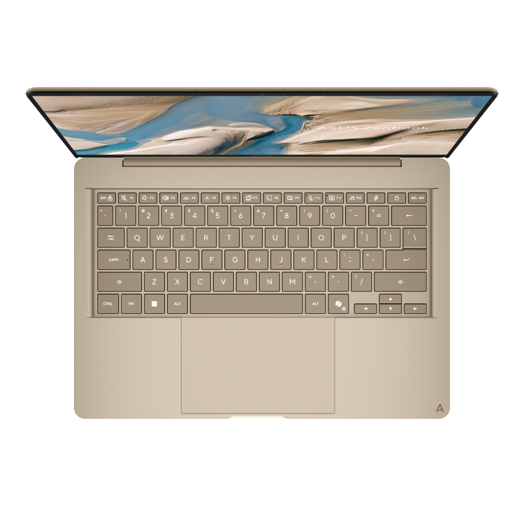 Top-down view of ASUS Zenbook 14 keyboard deck Copilot key and spacious touchpad