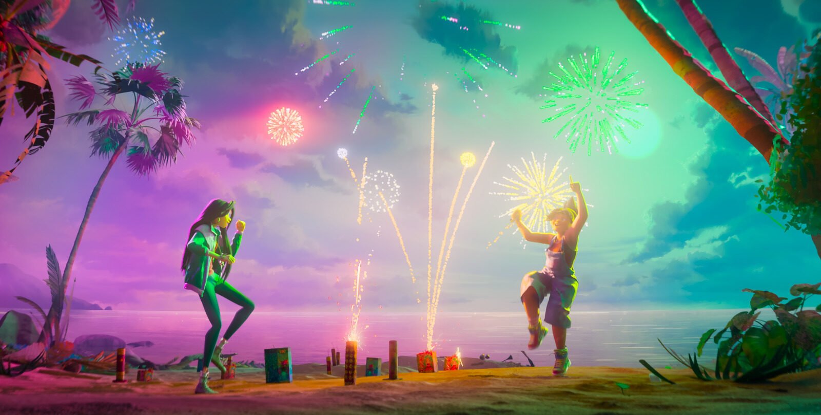 Jo and Raissa celebrate with fireworks on the island of Nakali in DreamWorks Animation's Forgotten Island