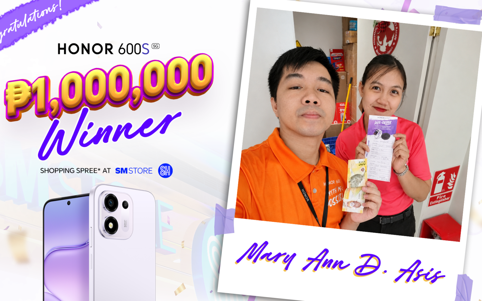 HONOR 600S Php 1 million SM shopping spree winner Mary Ann D. Asis announcement