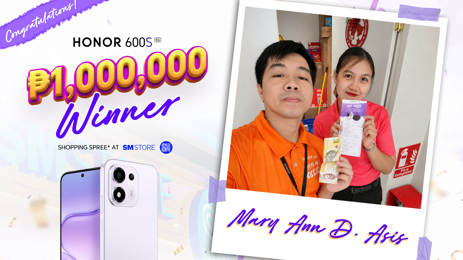 HONOR 600S Php 1 million SM shopping spree winner Mary Ann D. Asis announcement