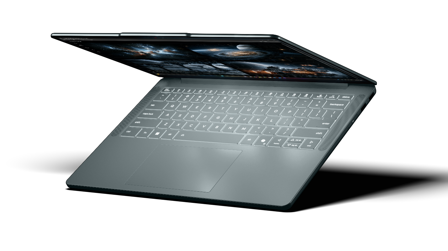 Lenovo IdeaPad Vibe 14-inch AI laptop in Chill Blue showing keyboard and OLED display