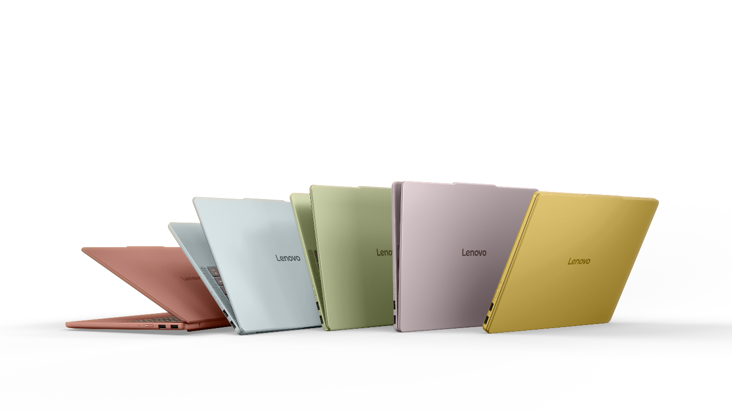 Lenovo IdeaPad Vibe laptop series back lids lined up in seven bold Pantone color options