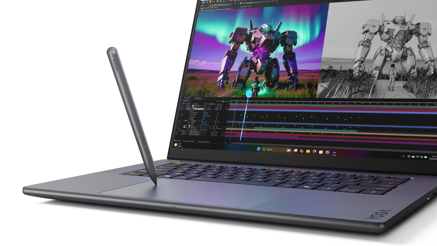 Lenovo Yoga Pro 9n showcasing Yoga Pen Gen 2 creative input on the Haptic Force Pad